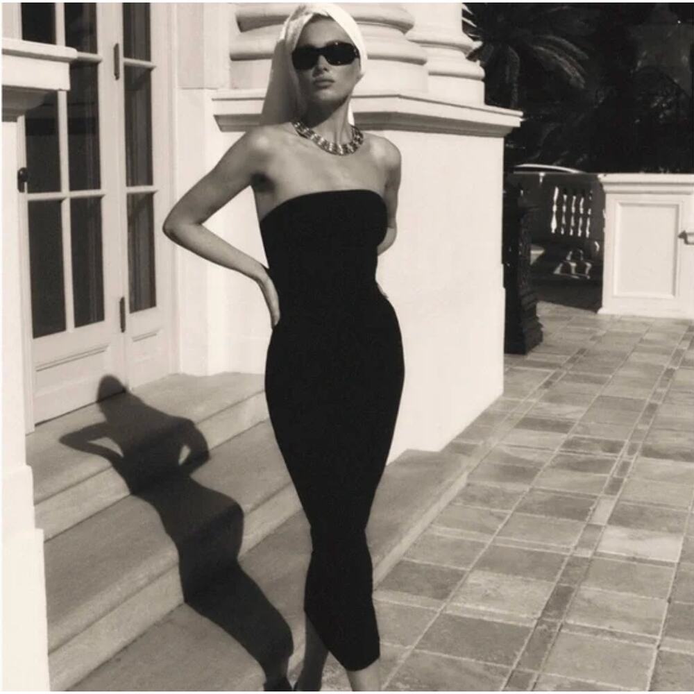 B51 Helsa Tube Midi Dress Black M Jersey Seamed Strapless LBD‎ Bodycon Cocktail
